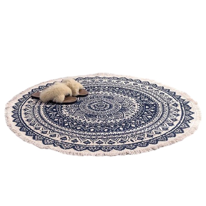 Kerek pamut szőnyeg, egyszerű, kék/bézs, 90cm