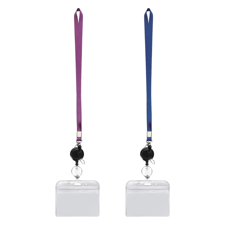 Set de 2 suporturi verticale de documente, cu snur si clema retractabila, violet si albastru