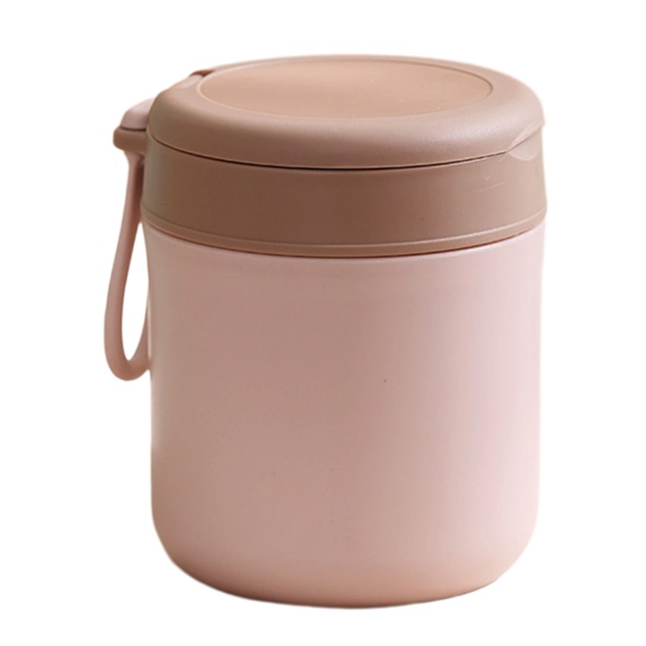 Recipient izolat in vid de 17 oz, din otel inoxidabil rezistent la scurgeri, cu lingura pliabila, capac pentru bol si maner din silicon, roz