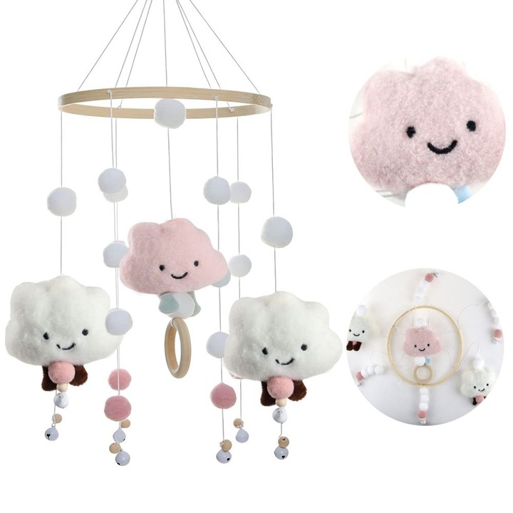 Комплект вятърни камбанки за бебешка кошара, висулка от филц и дърво, розови, ръчна изработка