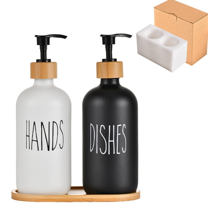 Folyékony szappan adagoló szett, 2 darab, matt fekete, üveg, bambusz tartóval