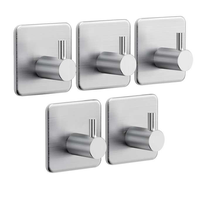 5 db öntapadó rozsdamentes ruhaakasztó készlet, maximális teherbírás 5 kg