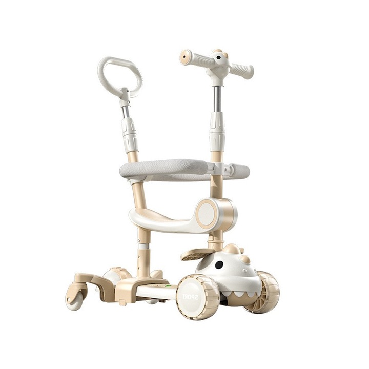 Мултифункционална триколка Comando Kids, регулируема дръжка, сгъваем, регулиране на височината, поддържано тегло 80 кг, светодиодно осветление, родителски контрол на дръжката, бял/бежов