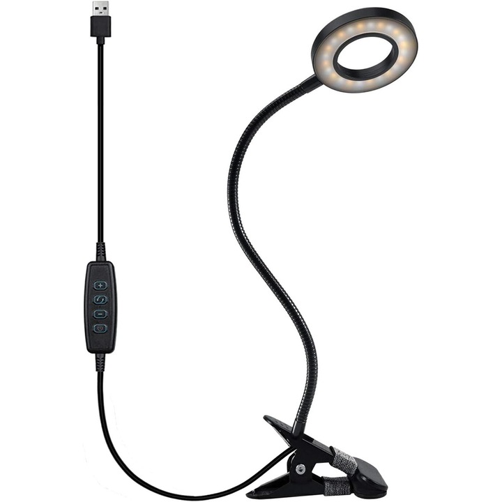 Lampa de citit, Cozevdnt, PVC, 3 Temperaturi, 10 Setari de luminozitate, Gat flexibil 360, Negru