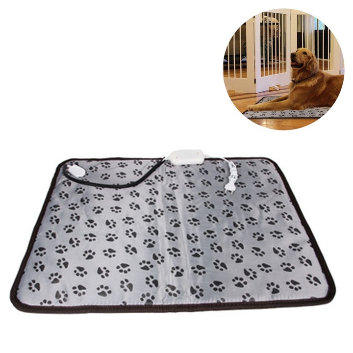 Patura electrica pentru incalzire, Cozevdnt, Tesatura / PVC, Pentru caini, 50 x 70 cm, 3 Niveluri de temperatura, Impermeabil, Gri / Negru