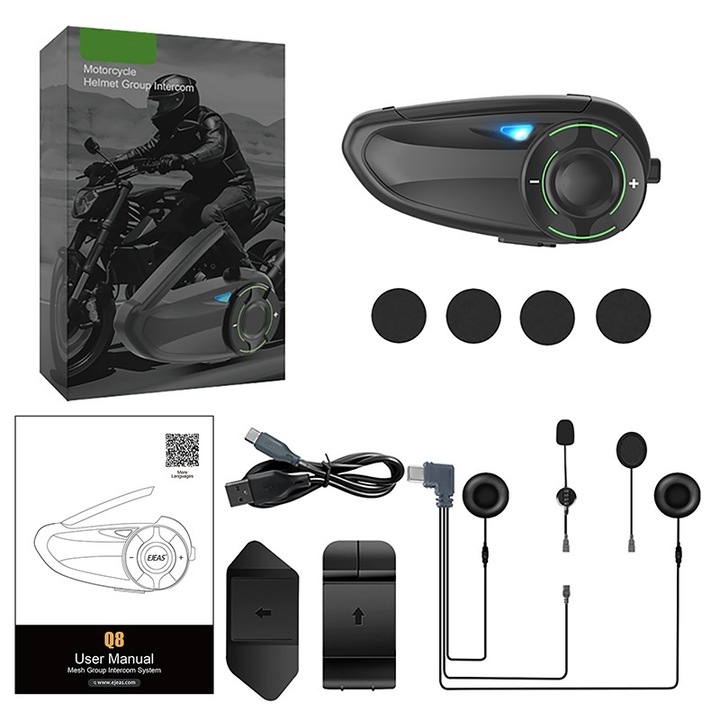 Kommunikációs rendszer motorkerékpárokhoz Q8, Chigoods, Mesh 3, zenemegosztás, IP67, 6 felhasználó, 1200 mah, távolság akár 1000 m