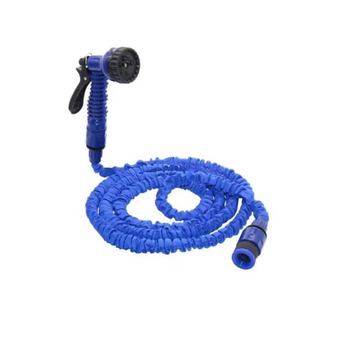Kék kihúzható tömlő, kertbe, állítható nyomás, pisztoly mellékelve, bővíthető, 60 M