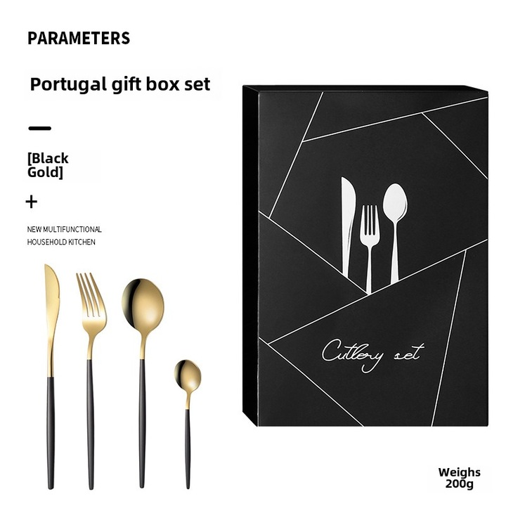 Set 4 tacamuri stil portughez Happy, inox, negru auriu, 13.2-22.4cm