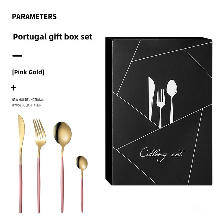 Комплект от 4 прибора за хранене в португалски стил, неръждаема стомана, модерен дизайн, розово злато, 13,2-22,4 см