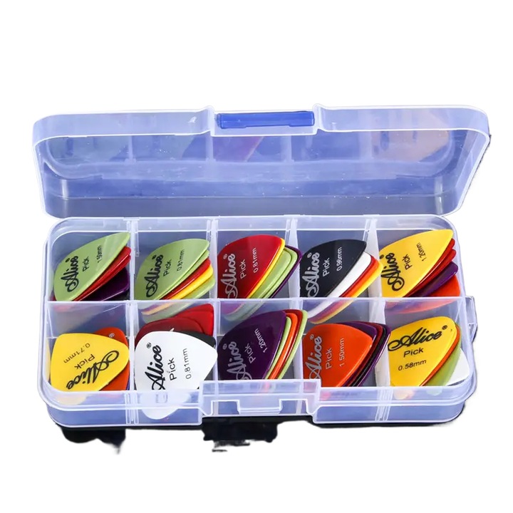 Set 50 pene chitara, multicolor, 6 grosimi, cu cutie de depozitare