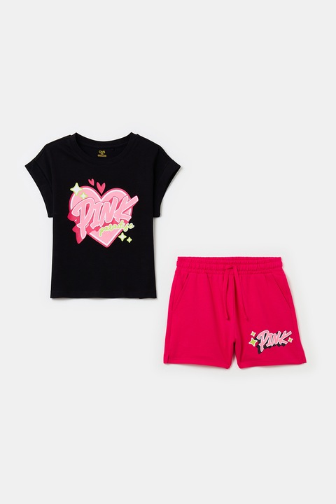 OVS, Set de pantaloni scurti si tricou cu imprimeu text - 2 piese, Rosu/Negru, 164 CM