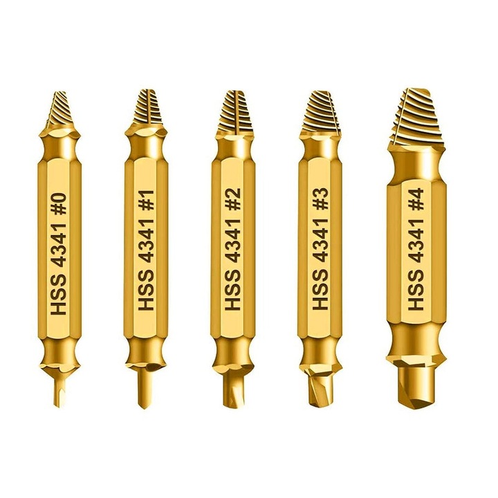 Set de extractoare pentru suruburi deteriorate, HSS 4341, 5 piese, auriu