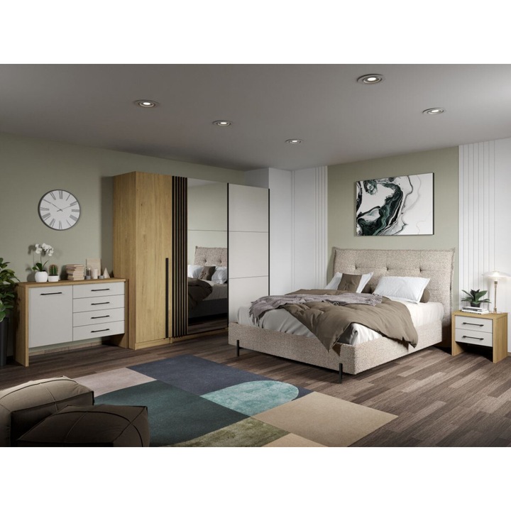 Set Mobila Dormitor, Axel tapitat, C12, Pat 160x200, 2 Noptiere, Comoda si Dulap 2.31m