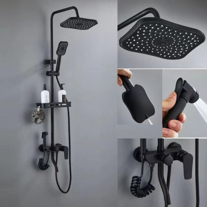 Coloana de dus cu 4 functii, Negru mat, aluminiu, cu baterie inclusa, pipa si 2 dusuri ZenLED®
