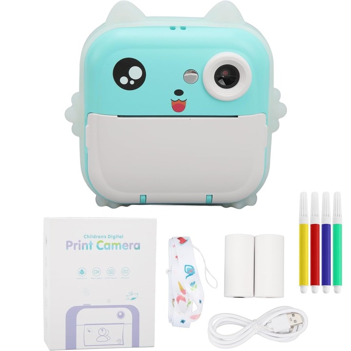 Моментална камера за деца с функция за печат, weirsuky, LCD цветен дисплей 2.4", 1080P HD, 3 включени хартиени ролки 57x27 mm, USB-C кабел, Bluetooth, iOS/Android съвместим, APP печат, Тюркоаз