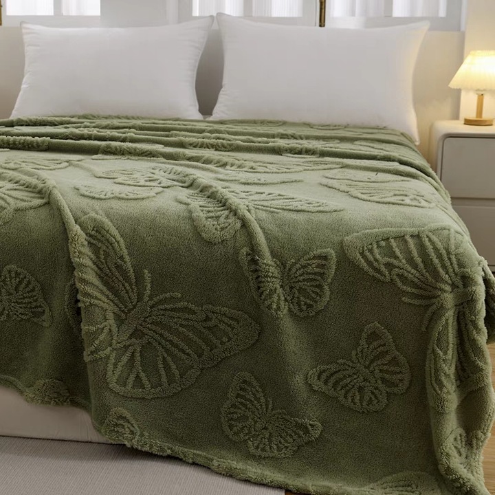 Patura cocolino pufoasa cu fluturi gofrati, pat dublu, 61246-8, verde, 200 x 230 cm