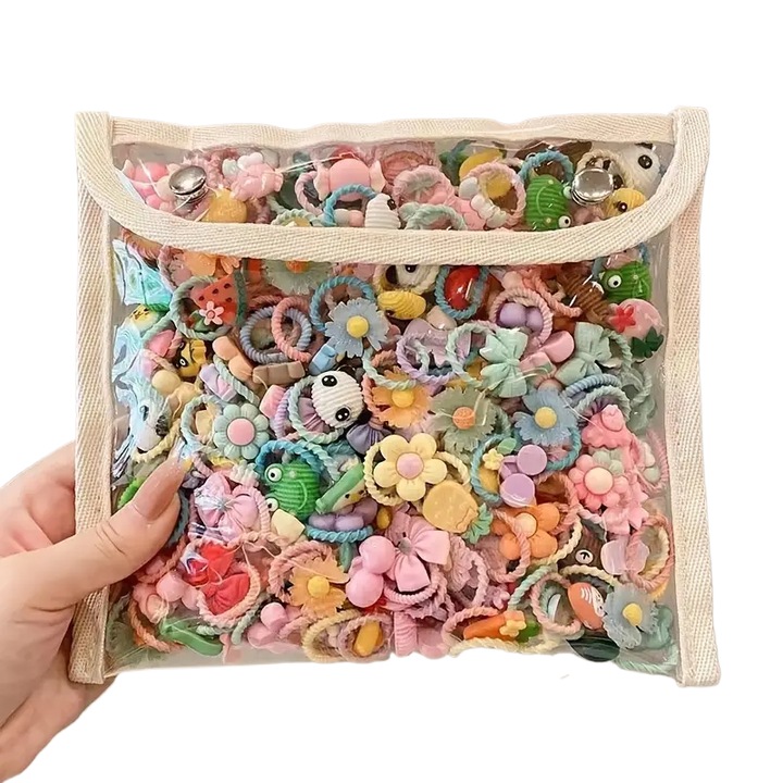 Set 50 Elastice de Par, Decorative cu Fructe, Flori si Animale, Multicolor, pentru Copii