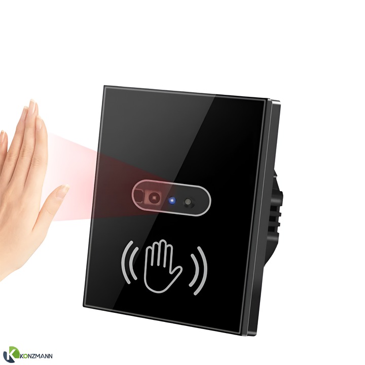 Intrerupator Fara Atingere Konzmann cu Control Senzor Infrarosu, Consum Redus de Energie, Panou Sticla Securizata, Protectie Socuri Electrice, Distanta 8 cm, Negru