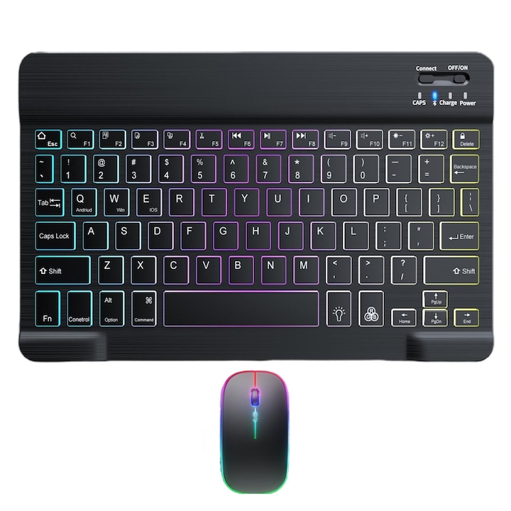 Kit Tastatura Bluetooth si mouse, Redkid®, Reincarcabil, Wireless, Lumina Fundal 7 culori, Bluetooth 5.1 si 2.4GHZ, Slim, Negru