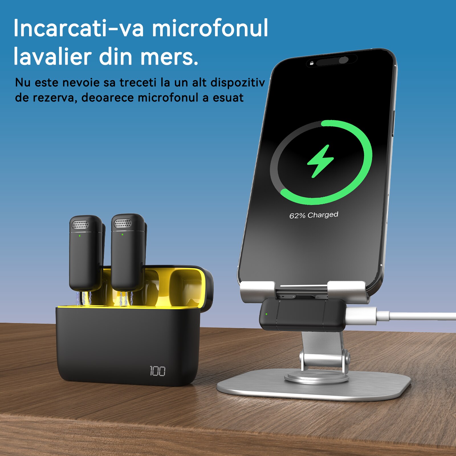 Set 2 Microfon Lavaliera Type C, Redkid®, wireless compartimentul