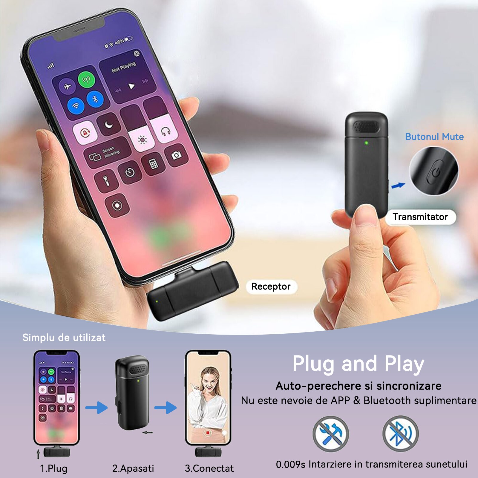 Set 2 Microfon Lavaliera Type C, Redkid®, wireless compartimentul