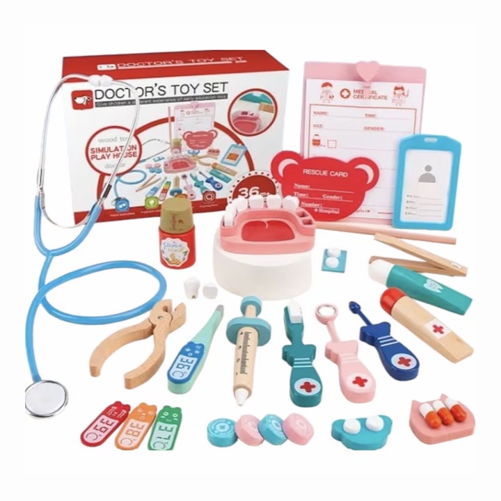 Trusa medicala pentru copii, Yupy®, Cu accesorii, Material lemn, Non-toxic, Multicolor, + 3ani