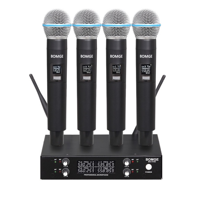 Microfon fara fir Set microfoane wireless Profesionale BOMGE, 4 canale fara fir UHF, dinamic, cardioid, cu Receiver, cu 4 microfoane, rezistent la interferente, carcasa metalica, 80m raza de actiune, negru