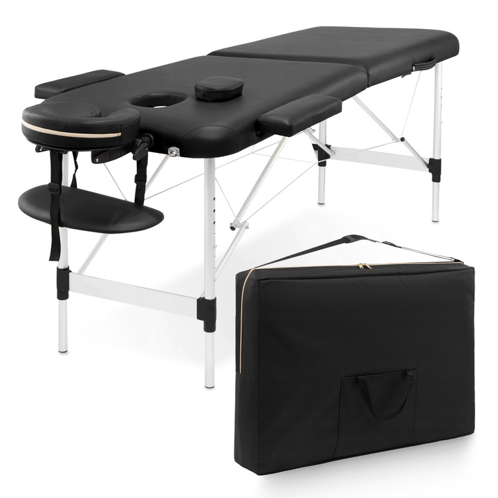 Masa de masaj, 4FIZJO, cu Tetiera, Usor de transportat, Inaltime reglabila 55-76 cm, maxim 250 kg, Dimensiuni 185 x 60 cm, Portabil cu Husa si Accesorii, Pentru vizite la Domiciliu, Aluminiu, Piele ecologica, Negru