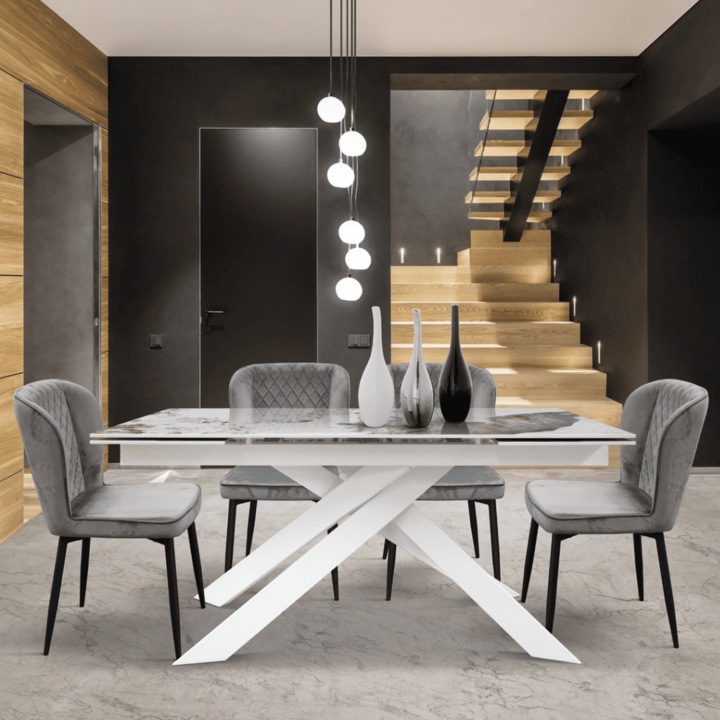 Masa Pandora, sticla ceramica alb marmorat, picior metal 160cm/90cm