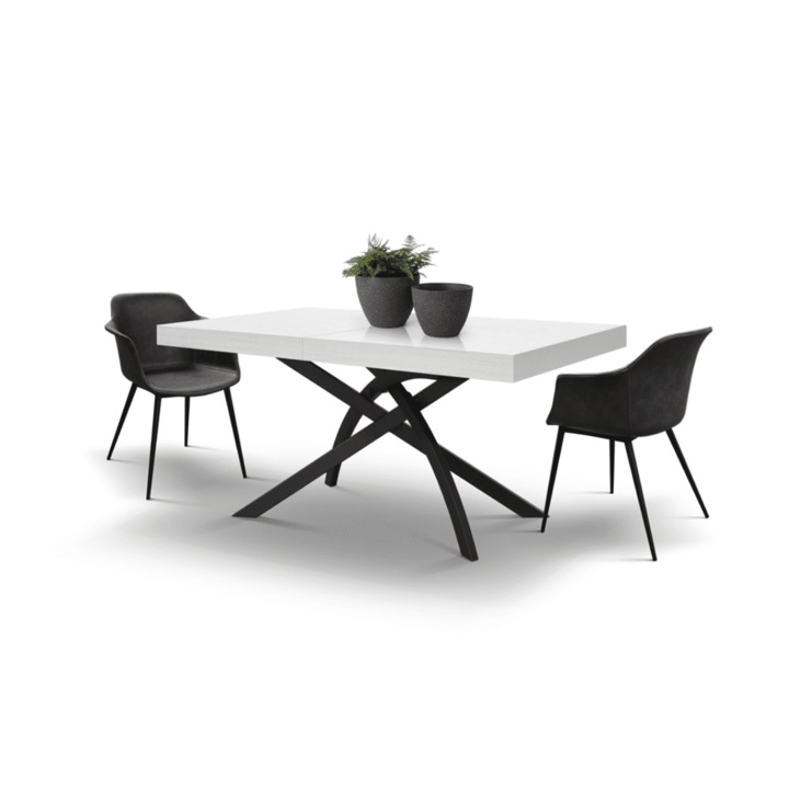 Masa Cleo extensibila, blat alb, picior metalic negru 160 cm/90 cm