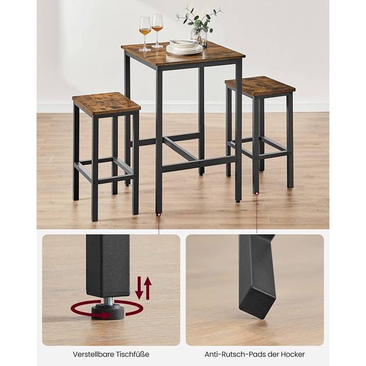 Set Masa si scaune Model Kayleigh, 60x60x90 cm, Maro rustic/Negru, Lemn masiv
