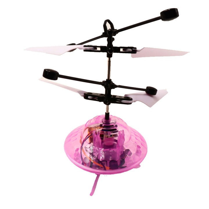Elicopter mini de jucarie, controlabil cu mana, model ufo, 12 cm, roz, dalimag