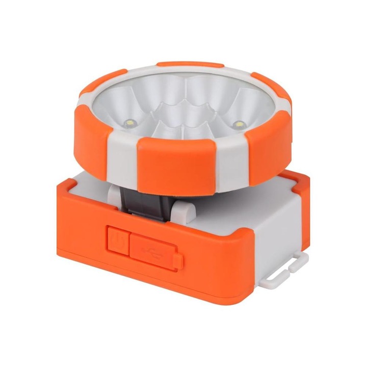 LED фенерче за къмпинг + Ledvance frontal, 1,5W SMD, 100 lm, студена светлина 6500K, 3 режима на осветяване 100%-400 lm, 30%-120 lm и светкавица, Li-Ion батерия 1200 mAh, каишка, IP20, оранжево/сиво