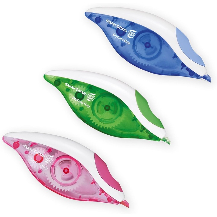 Комплект 3 коректора Paper-Mate DryLine Grip, 5mmx8.5m, ергономични, многоцветни