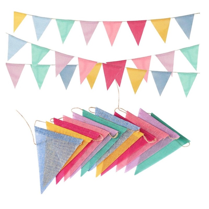 Set 4 siraguri bannere triunghiulare, multicolor, burlap, pentru petreceri, rezistente la apa