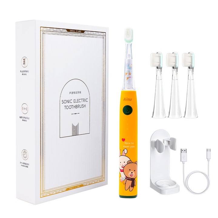 Periuta de dinti electrica Aisu, pentru copii, cu LED, 5 moduri de periaj, multicolor, ultrasonic inteligent