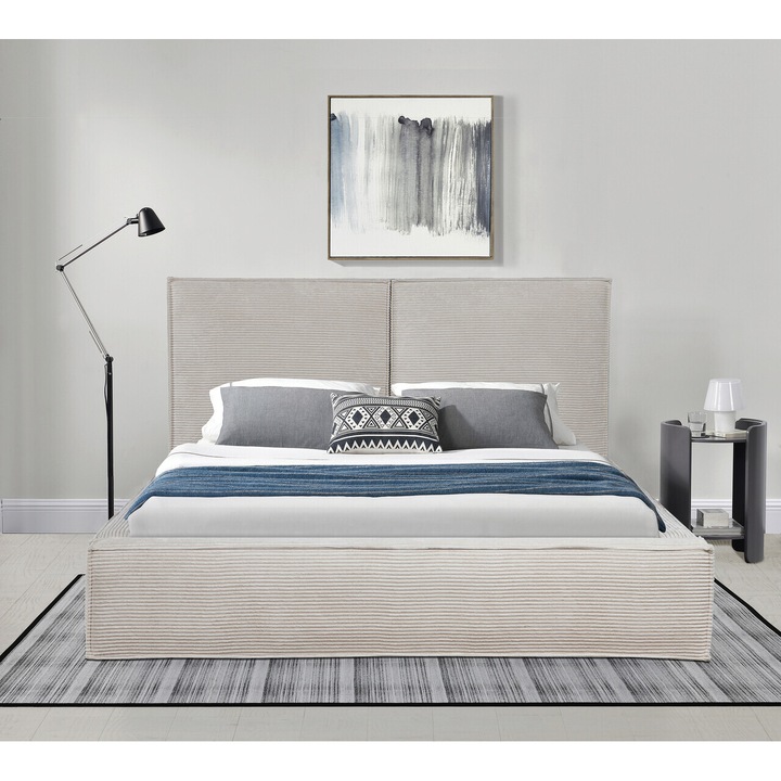 Pat tapitat Austin, 180x200 cm, somiera rabatabila, spatiu depozitare, bej