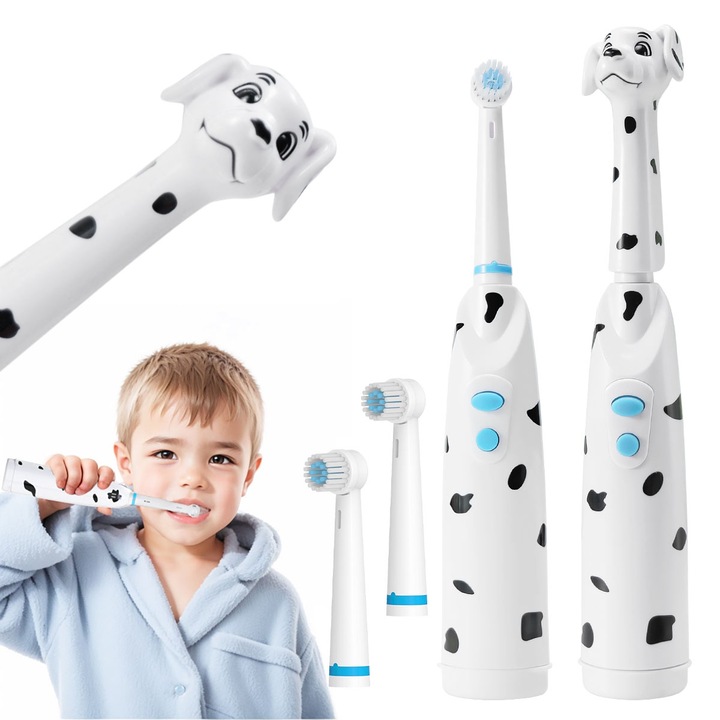 Periuta de dinti electrica Aisu HL-248 pentru copii, cap rotund, design Dalmatian, baterie inlocuibila