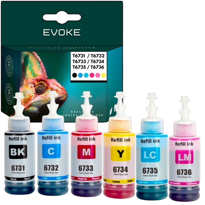 Комплект от 6 бутилки мастило за принтер Epson T6731 T6732 T6733 T6734 T6735 T6746, 6x 70 ml, 4000 страници черно, 6500 страници всеки цвят, съвместими с L800 L805 L810 L850 L1800