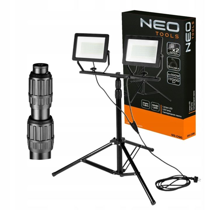 Прожектор Neo, Двоен, 2x100W SMD LED, 2x8500lm, на стойка 1.8m, 6500K, IP65