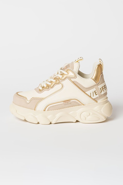 Buffalo, Pantofi sport de piele ecologica cu aspect masiv CLD Chain, Alb/Auriu/Maro taupe deschis