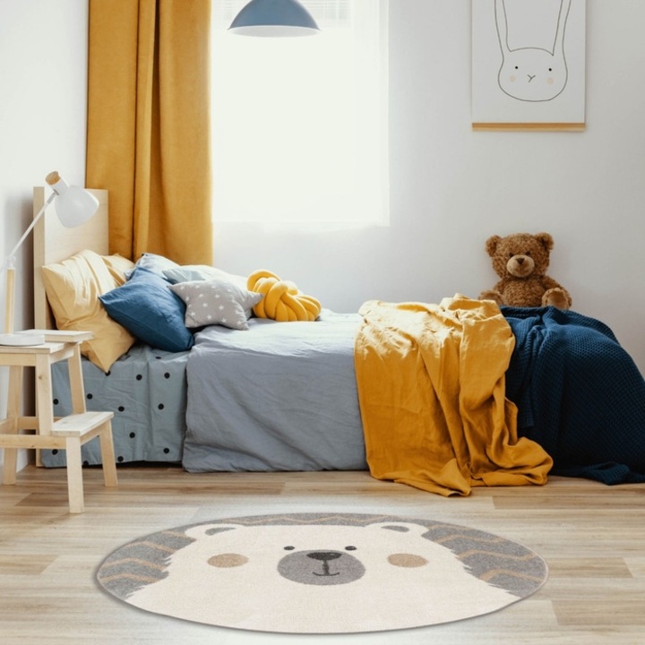 Covor camera copii Velutto 40012/YC9-D, 133 x 133 cm, polipropilena frize, alb + gri, rotund