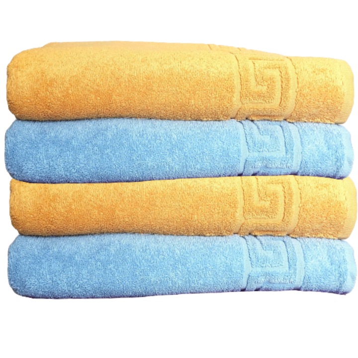 Bolyhos szállodai törölközőkészlet, 70 cm x 140 cm, 4 részes, görög modell, 100% pamut, sűrűsége 550 g/m2, mustárkék égbolt