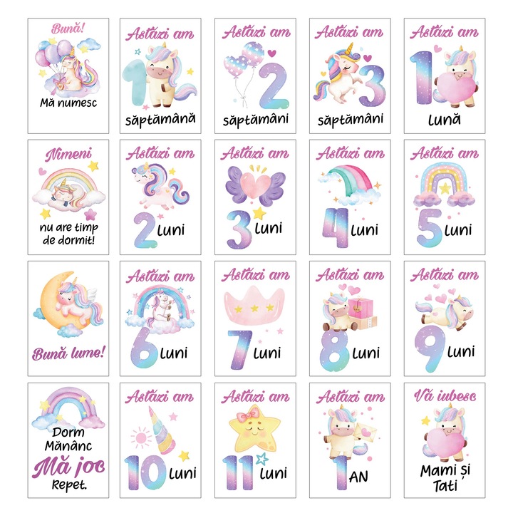 Set 20 cartonase aniversare de tip baby milestone pentru fotografierea bebelusului tau, model Unicorn roz