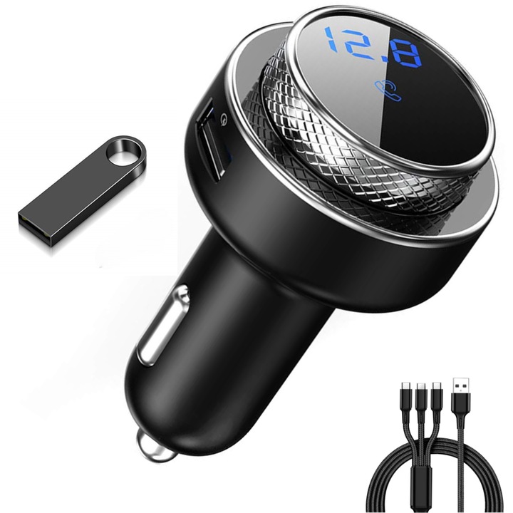 ELITY® FM модулатор, Bluetooth 5.0, Quick Charge QC 3.0, Micro SD Card Port, USB stick Port, Hands Free car KIT с микрофон, Цифров дисплей, Черен, 3 в 1 кабел за зареждане и 8 GB USB стик включени