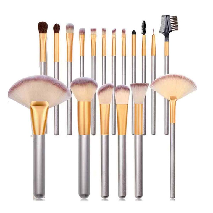 Set 18 Pensule Machiaj Profesionale, Zeaicos, Alb Crem, Maner Lemn, Material Nylon