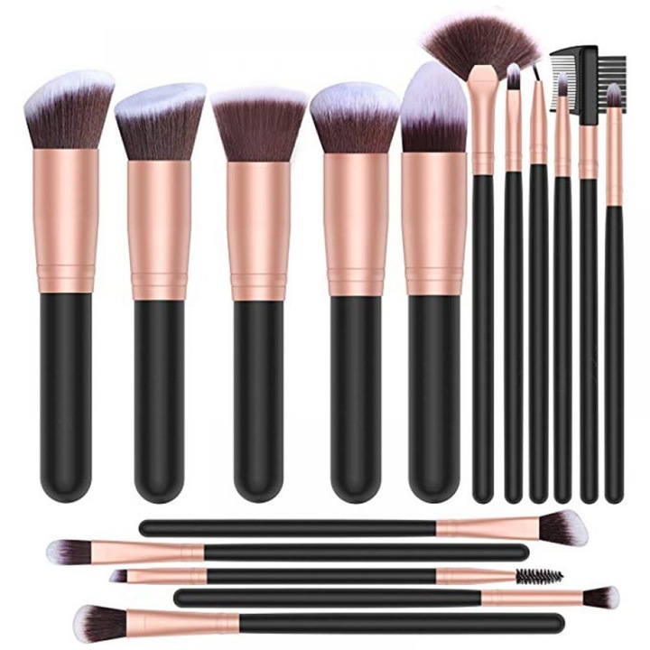 Set pensule machiaj Zeaicos, 17 piese, pentru fond de ten, fard de pleoape, culoare roz aurie