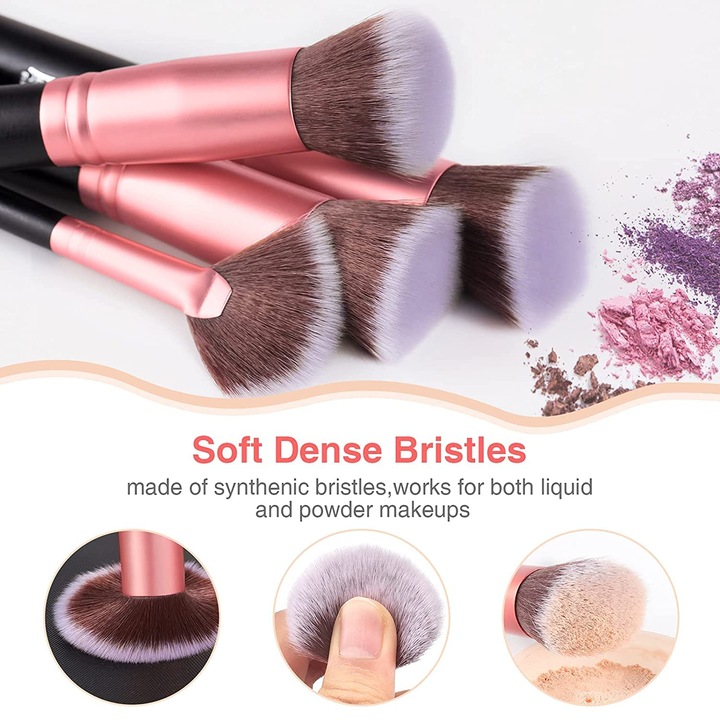 Set pensule machiaj Zeaicos 16 piese, pensule kabuki mari, pensule de precizie, multicolor