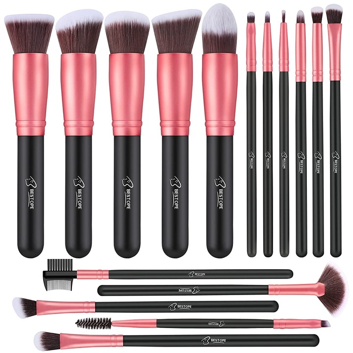 Set pensule machiaj Zeaicos 16 piese, pensule kabuki mari, pensule de precizie, multicolor
