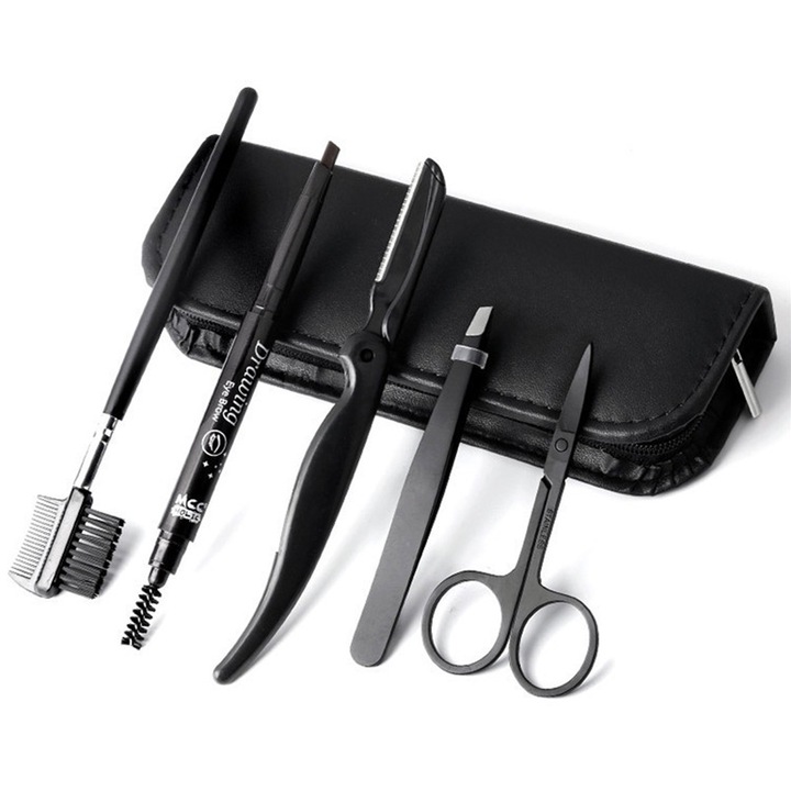 Set 5 piese pentru ingrijirea sprancenelor, AMRINUGL, negru, otel inoxidabil, 16.3cm